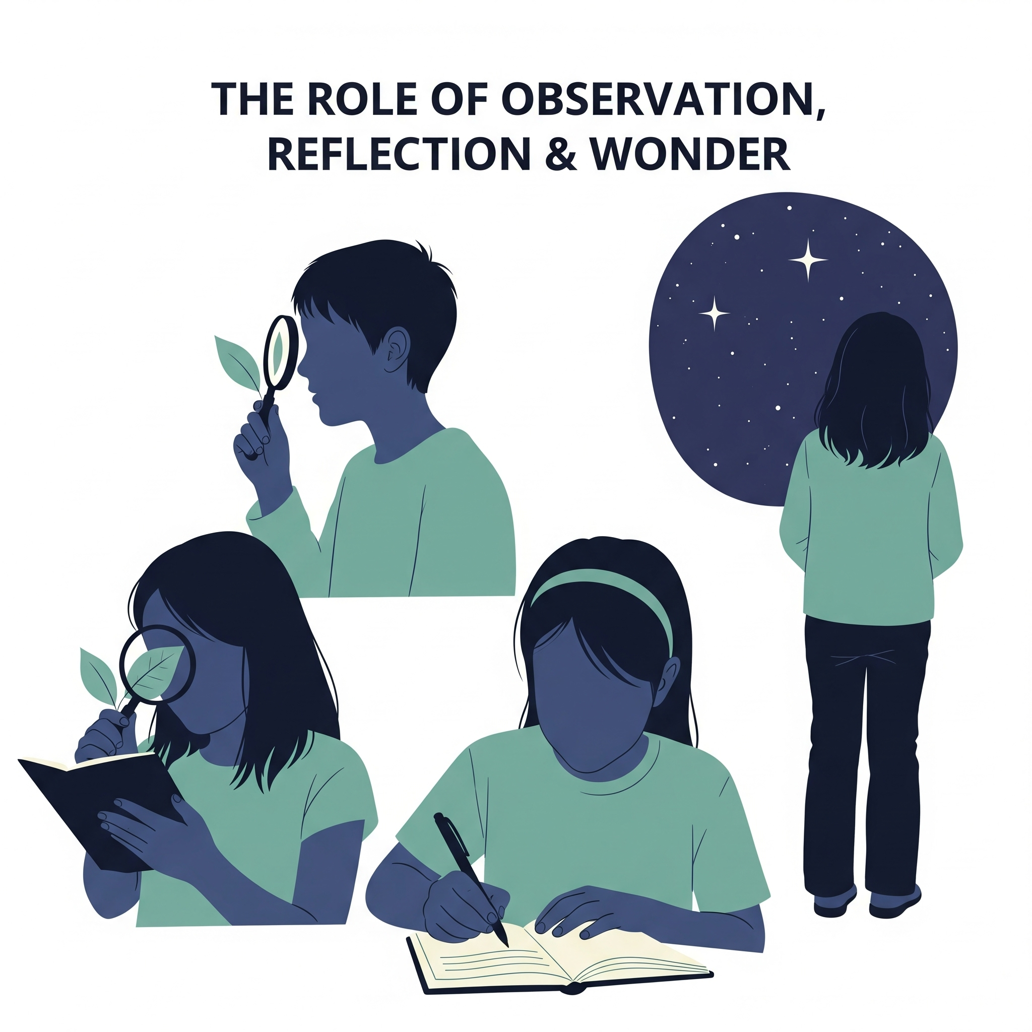 Children engaging in mindful observation- examining specimens with a microscope, journaling their thoughts, and gazing at the sky in awe and reflection.